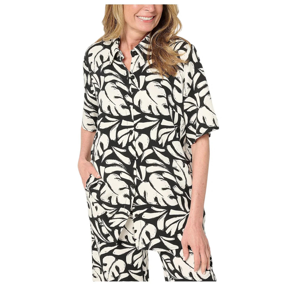 Brandis Women`s Dress Out Loud Printed Short Slv Camp Shirt Leaf - Regular